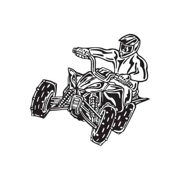 ATV wall decal of a rider in helmet holding handlebars, monochrome line art