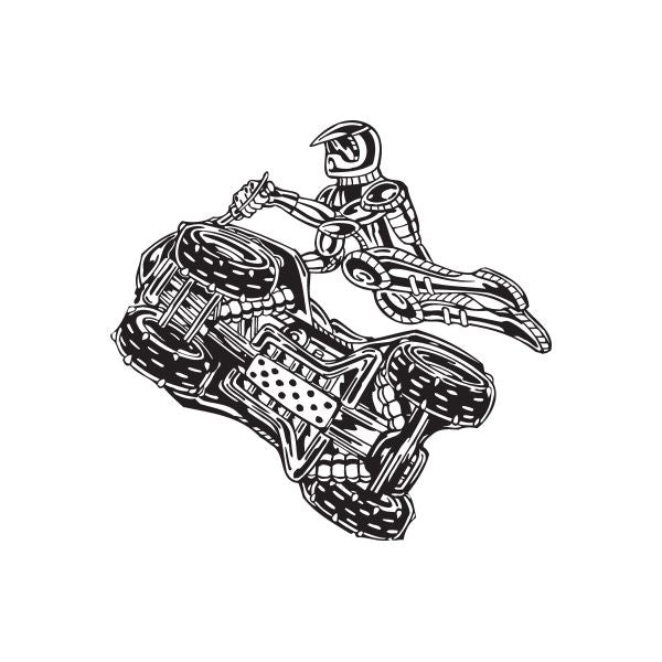 Offroad ATV wall decal, black vinyl line-art quad with rider and helmet