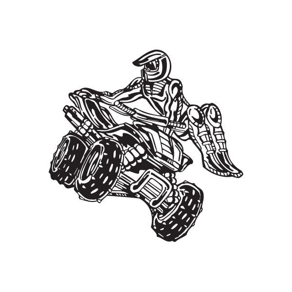 ATV wall decal of helmeted rider on quad bike, black vinyl outline design