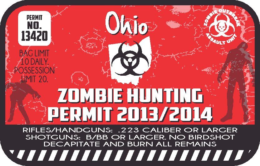 Zombie hunting permit sticker with red Ohio graphic and text, round biohazard icon