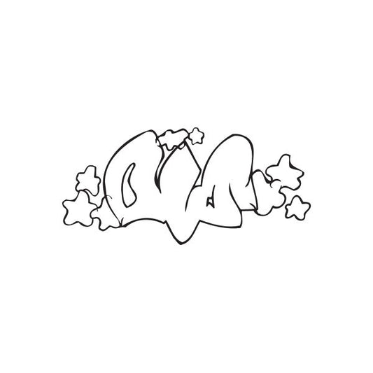 Graffiti oil-style decal sticker with abstract character and stars, black outline