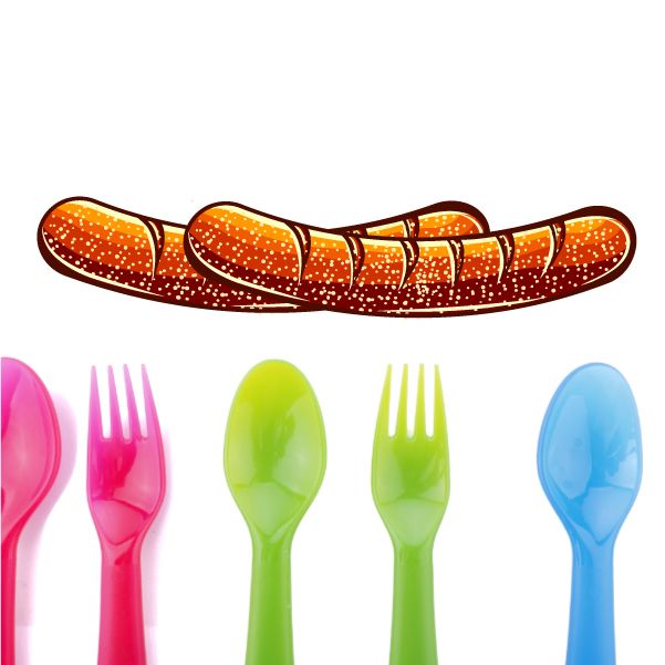 Vinyl wall decal set with sausage graphic and colorful forks and spoons