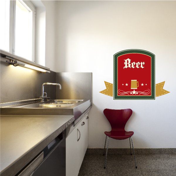 Beer emblem wall decal with green frame, red ribbon banner, and stars