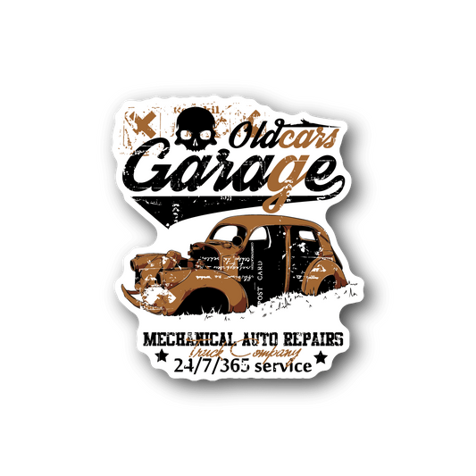 Old Cars Garage vinyl sticker with retro car and garage lettering