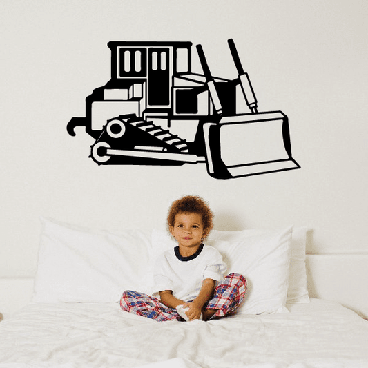 Old fashioned bulldozer decal with bold black line-art front loader