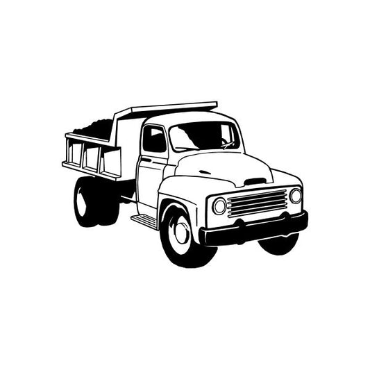 Old-fashioned dump truck decal, white truck with black outlines