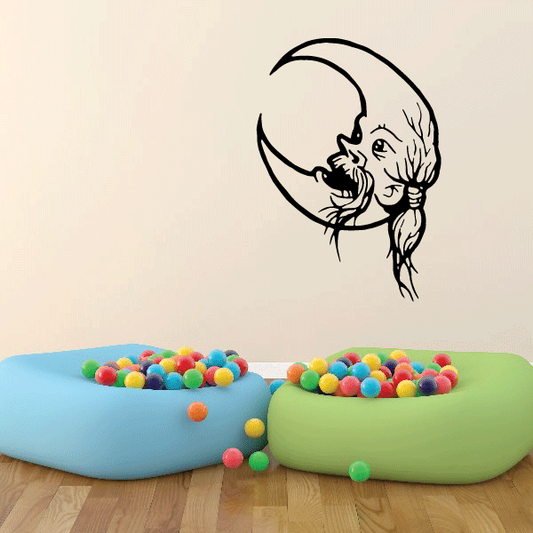 Black moon face decal with long flowing hair, fantasy line art