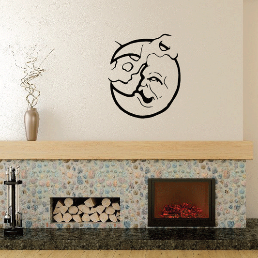 Moon wall decal, black line art moon with cat and smiling face