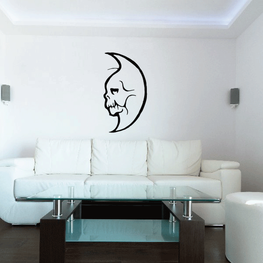 Skeleton face wall decal in black crescent moon shape