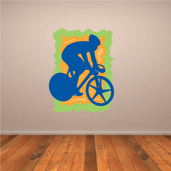 Cyclist sticker with blue and orange rider and bicycle on green wavy border