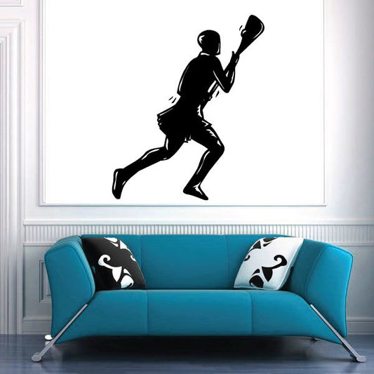 Black lacrosse player wall decal, running silhouette with stick raised