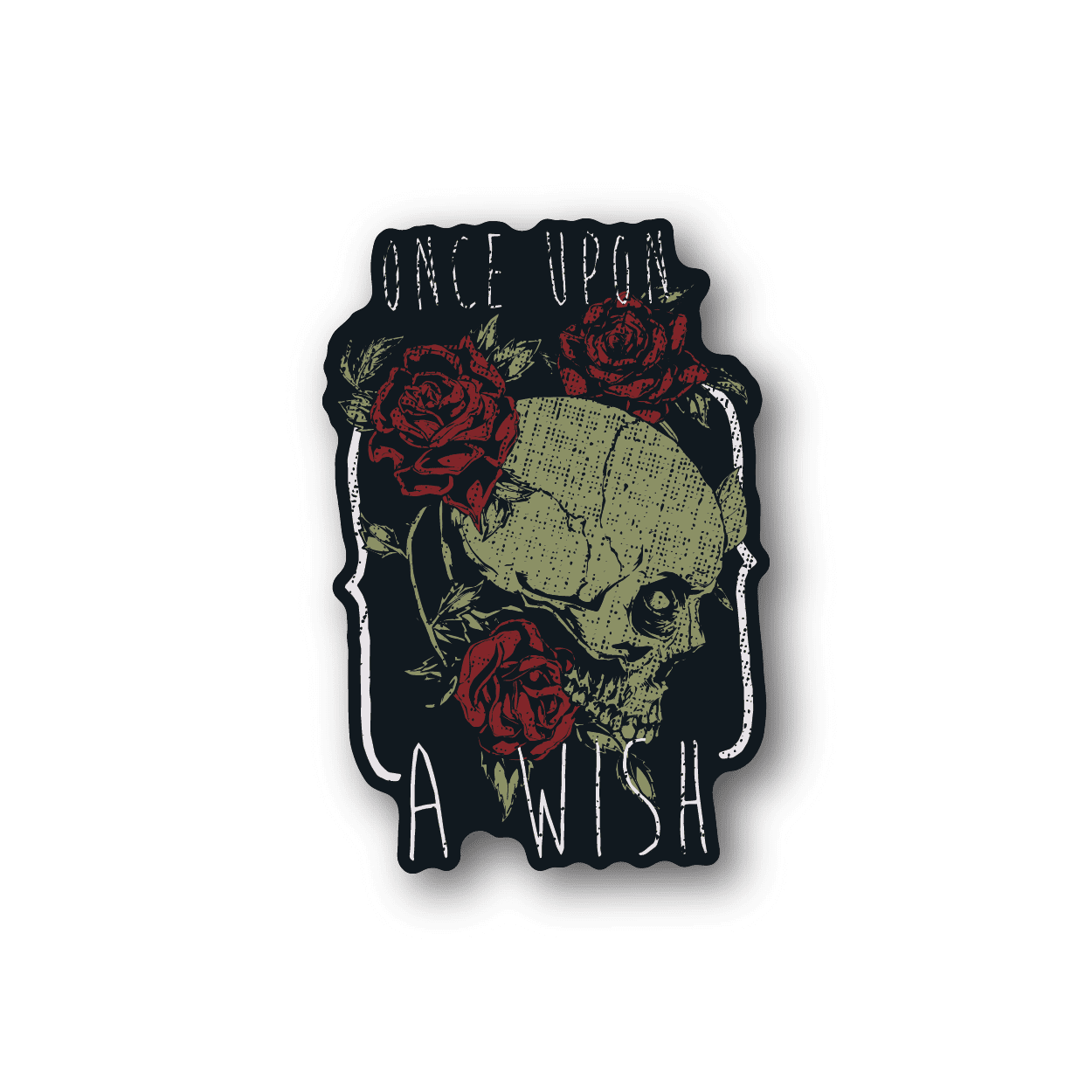 Vinyl skull sticker with red roses and handwritten text