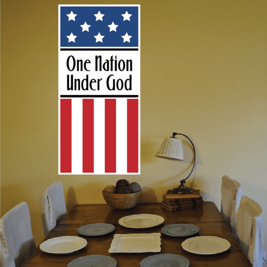 Printed die-cut decal with stars and stripes and the text "One Nation Under God"