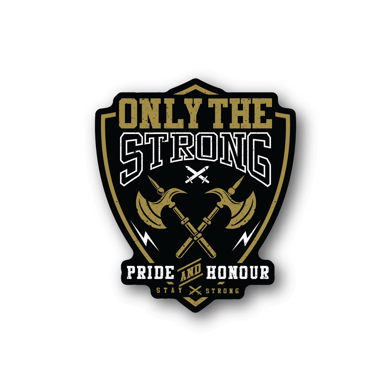 Black vinyl sticker with gold shield 'ONLY THE STRONGS' and crossed swords