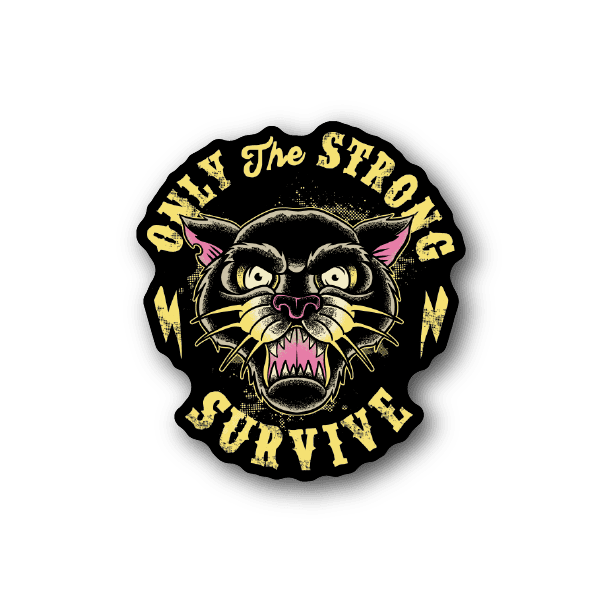 Vinyl cat face sticker with snarling pink-nose cat and yellow circular text