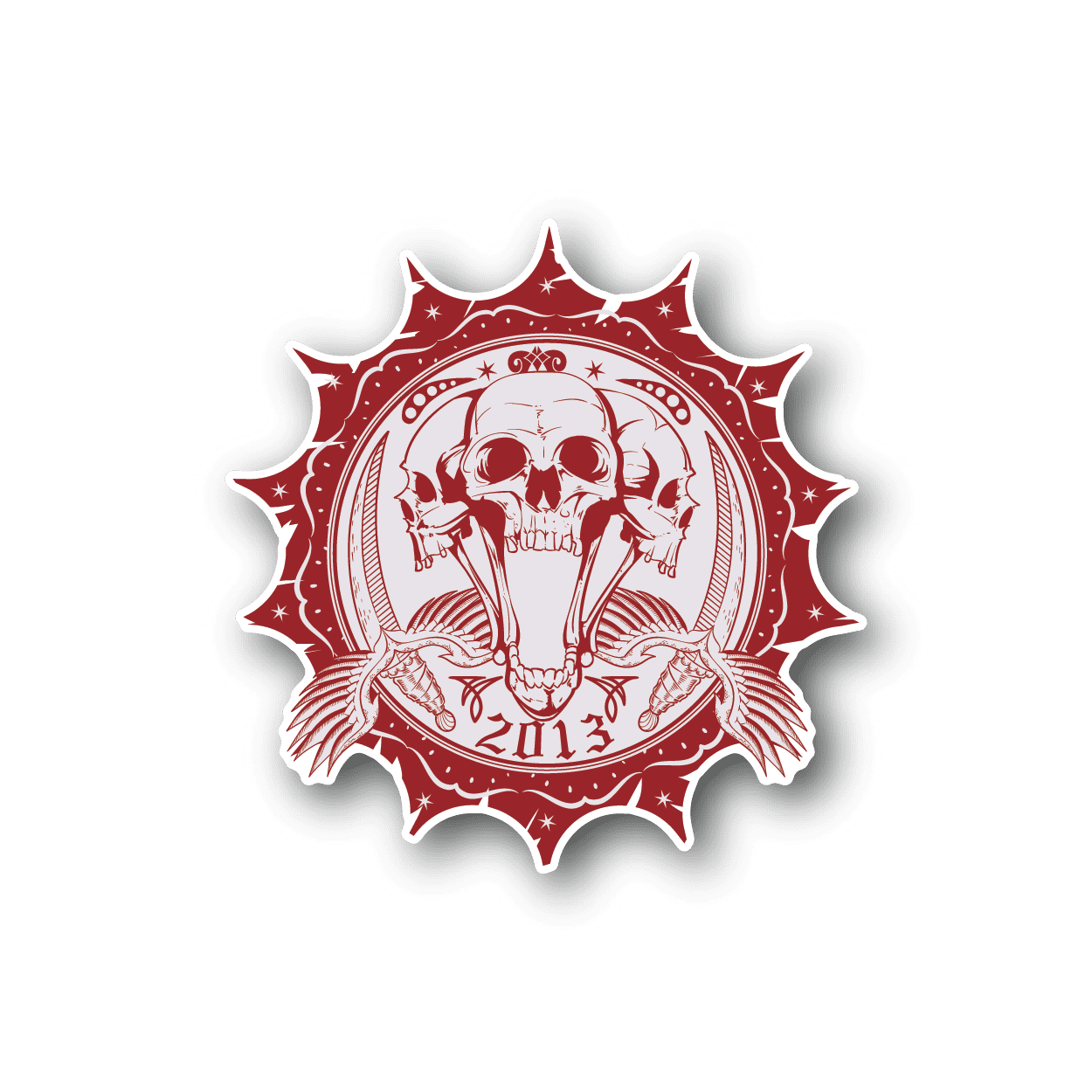Open-mouthed skull vinyl sticker with red ornamental frame