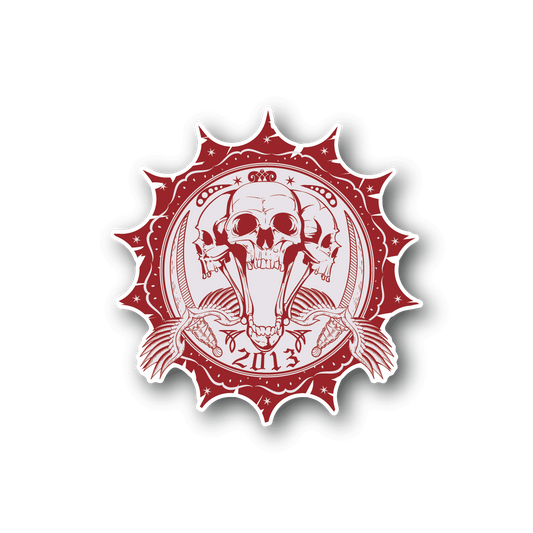 Open-mouthed skull vinyl sticker with red ornamental frame