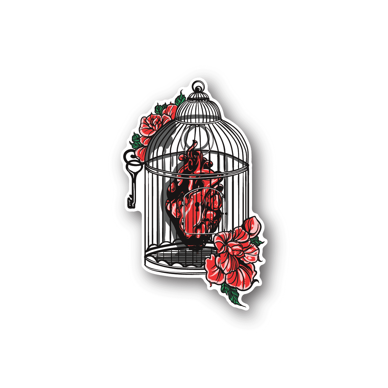 Birdcage vinyl sticker with open heart inside and red roses, white cage bars