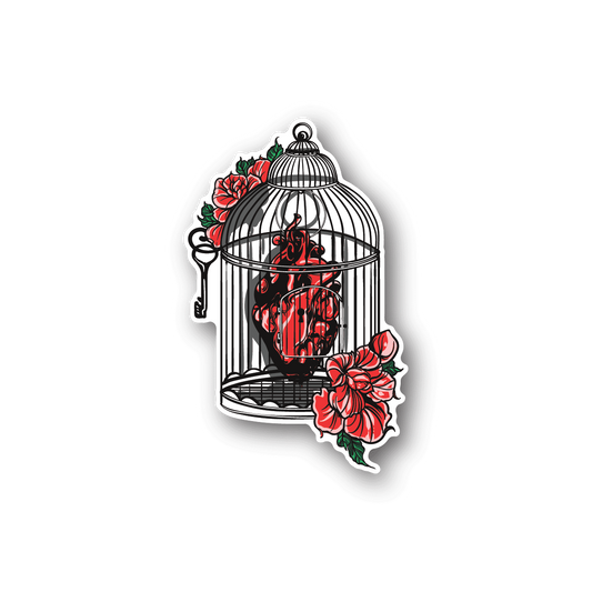 Birdcage vinyl sticker with open heart inside and red roses, white cage bars