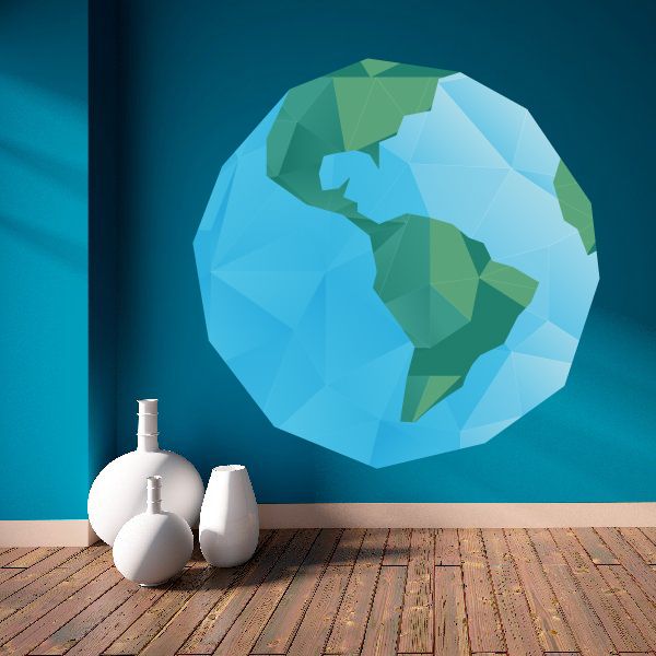 Earth wall decal vinyl sticker with blue and green geometric globe design