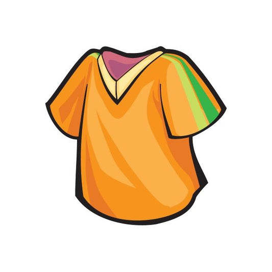 Orange soccer jersey vinyl sticker with V-neck and short sleeves, black outline