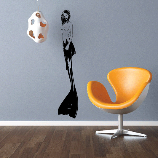 Black mermaid tail decal with stylized orca-themed fin and curly hair silhouette