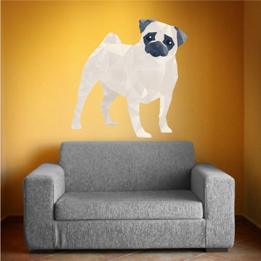 Origami dog sticker with white folded body and blue face, dark nose