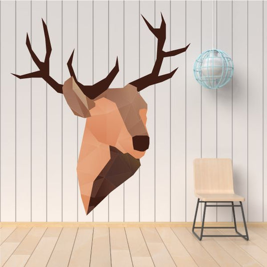 Origami-style Christmas reindeer wall sticker with brown geometric head and antlers