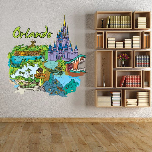 Orlando sticker with colorful map, skyline and castle illustration