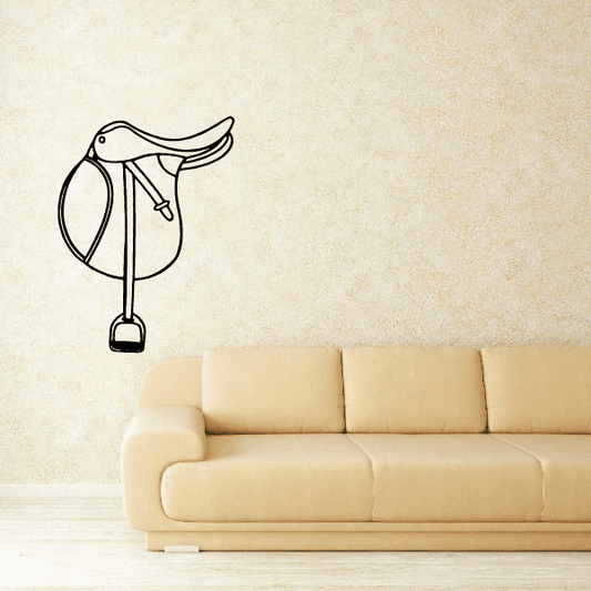 Ornate horse jumping saddle wall decal in black line art