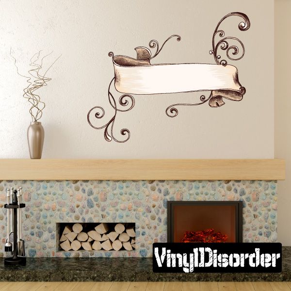 Decorative scroll wall decal with curled flourishes and ribbon banner