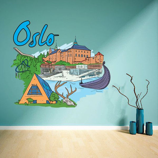 Oslo wall sticker with blue lettering, harbor scene, boat, tents, trees, and antlers