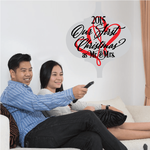 Heart Christmas ornament sticker: “Our First Christmas” 2015, red and black text