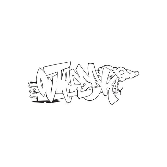 Graffiti decal with black and gray stylized lettering tag outline