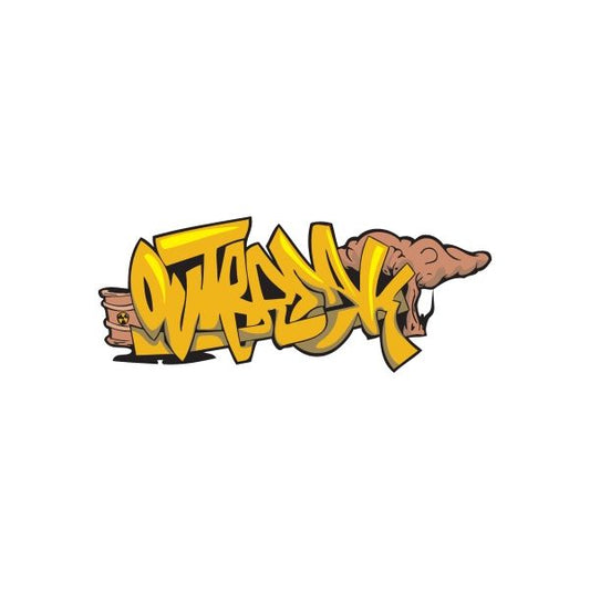 Graffiti sticker with yellow and black text and a cartoon character face