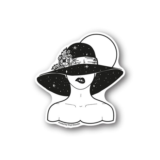 Vinyl sticker of a stylized woman in a starry hood and circular hat, black and white