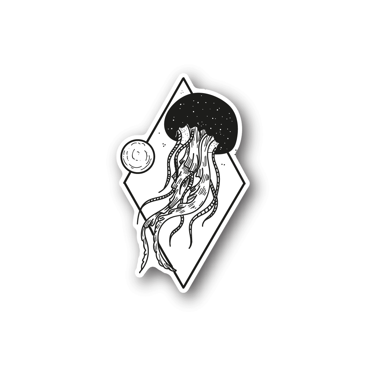 Space-themed vinyl sticker: black-and-white jellyfish with small planet circle
