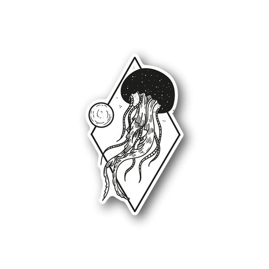 Space-themed vinyl sticker: black-and-white jellyfish with small planet circle