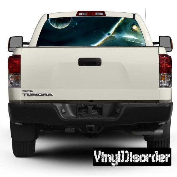 White pickup truck rear with outer space graphic on rear window