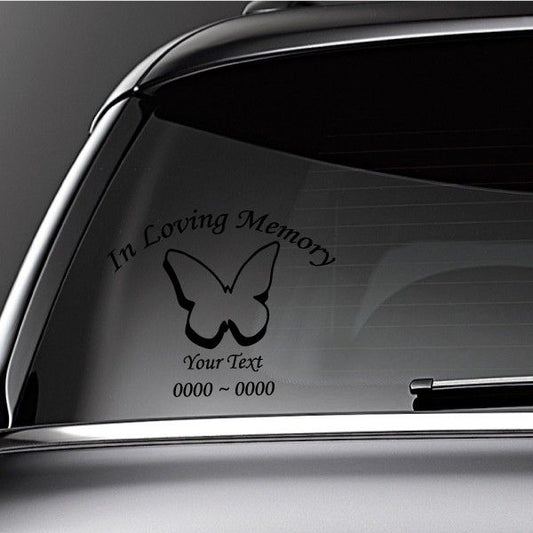 Memorial window decal with outlined butterfly, 'In Loving Memory' and 'Your Text'