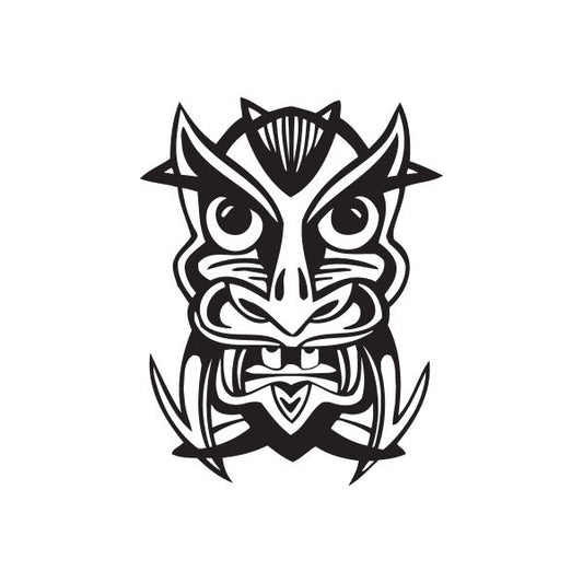Black tribal tiki face decal with overbite teeth and swirling lines