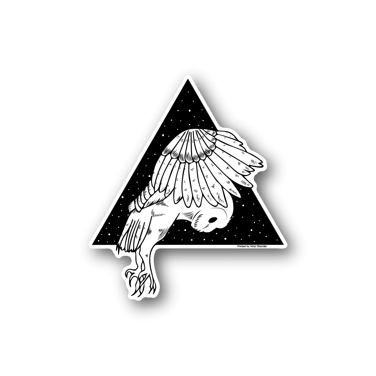 Vinyl sticker of a white owl flying inside a starry triangle