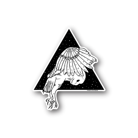 Vinyl sticker of a white owl flying inside a starry triangle