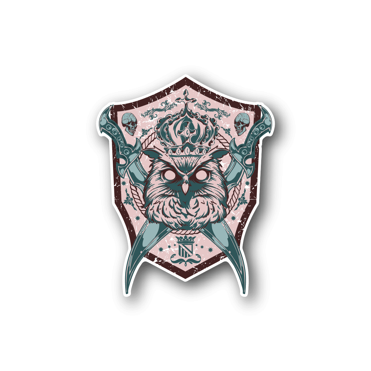 Owl king vinyl sticker, teal and pink owl face in shield shape