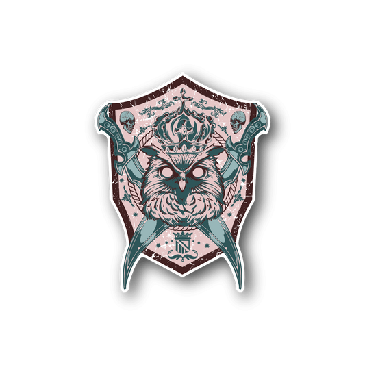 Owl king vinyl sticker, teal and pink owl face in shield shape