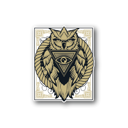 Gold owl head pyramid vinyl sticker with ornate border and rope-style wings