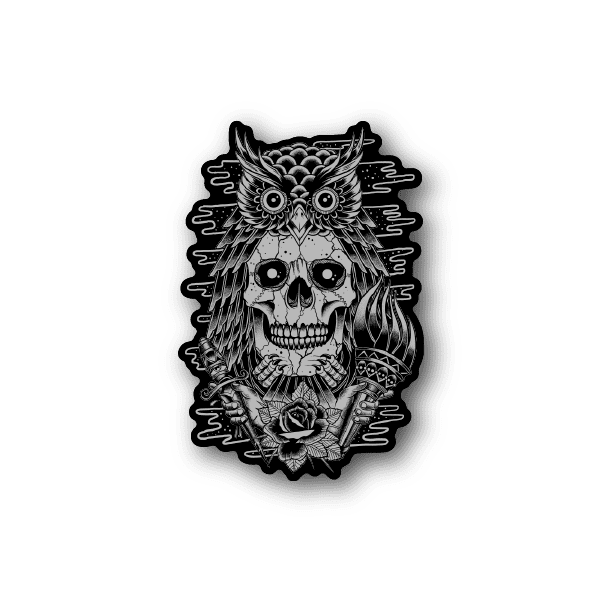 Vinyl sticker with monochrome owl skull illustration and wings