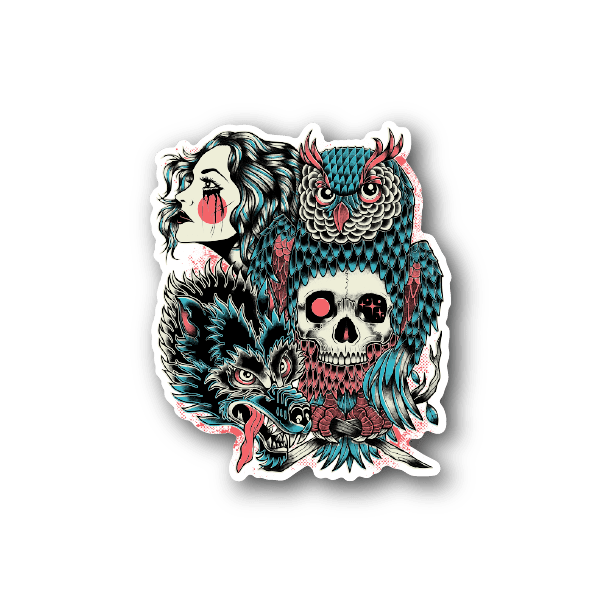 Native-style vinyl sticker with wolf, owl, skull and tribal patterns