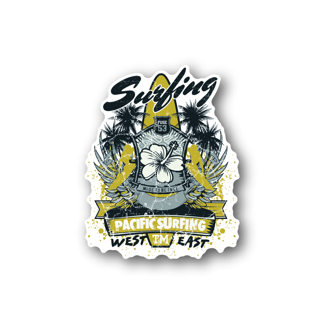 Surfing vinyl sticker with Surfing text, palms, yellow waves and Pacific Surfing badge