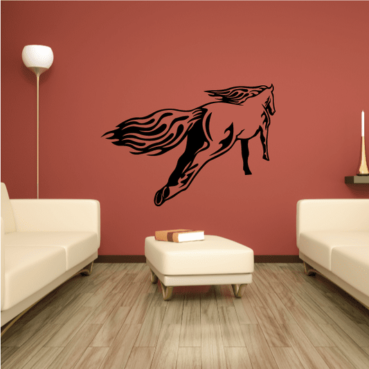 Pacing saddled horse wall decal, black outline with flowing flames